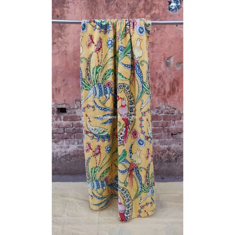 Новое индийское желтое Хлопковое одеяло Kantha с цветочным принтом ручной работы красивое цветочное домашнее украшение оптовая продажа покрывала