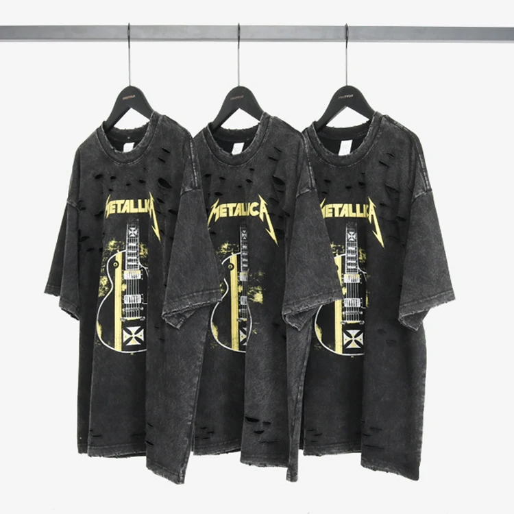 Custom Vintage Faded Tshirt Wash Sublimation Rock and Roll Printed Stone Wash Tshirt