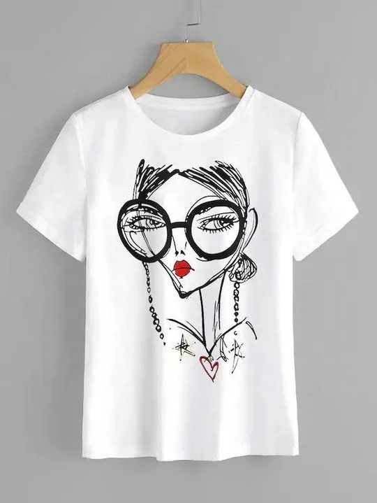 Women Cartoon Portrait Print Tee Style  Short Sleeve Short T-Shirt Casual Women