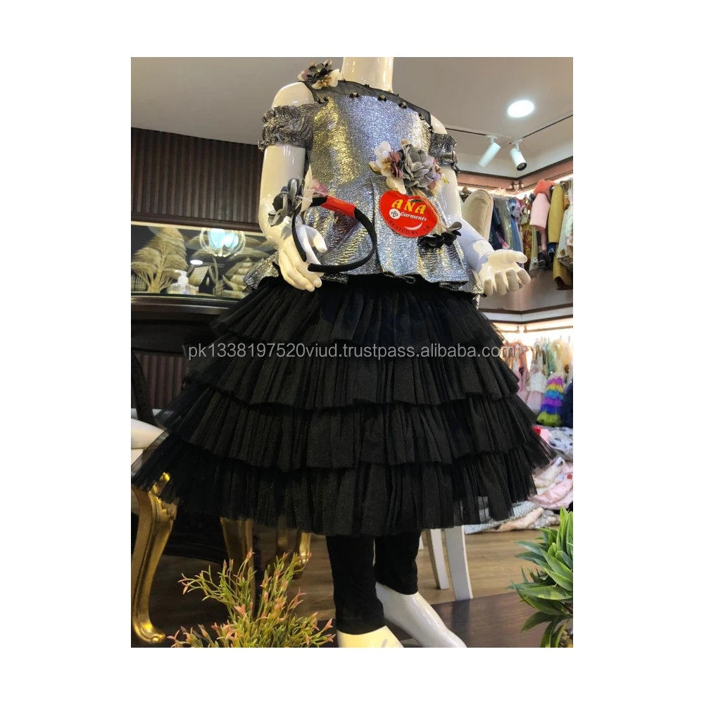 plated fabric net dresses with hairband black and gray color dresses baby girl fancy party dresses