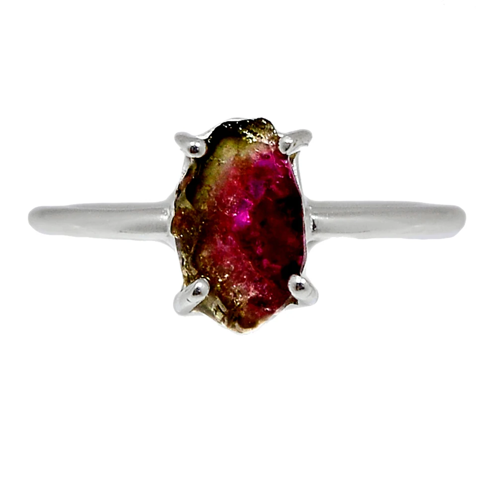 Silver Pink Green Watermelon Tourmaline Slice Ring, Heart Chakra Ring