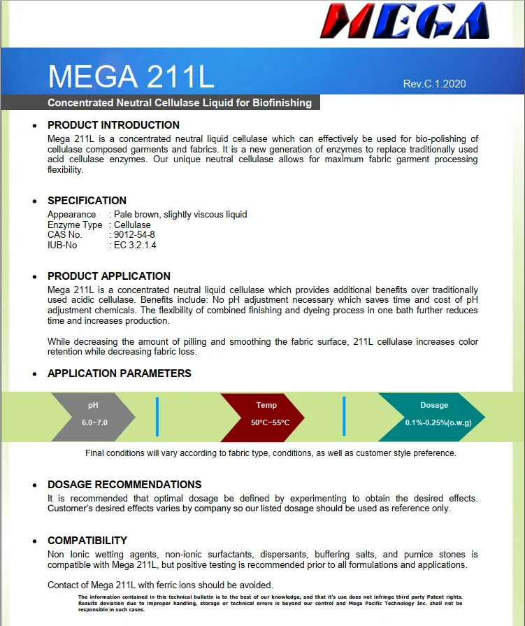 Mega 211L High Concentrated Liquid Neutral Textile Enzyme for Biopolishing Cellulase Enzyme