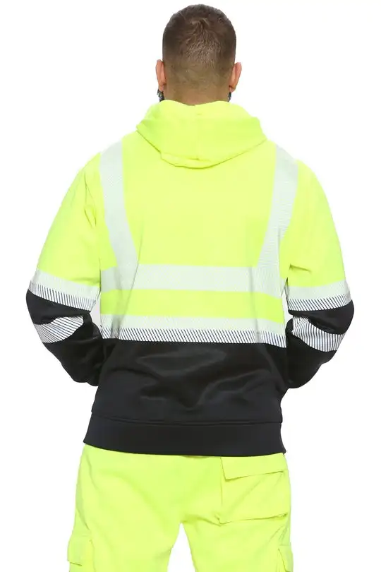 Reflective Hoodies Working High Vis Green/Navy Zipper Hoodie Adjustable Drawstring Around the Hood For Comfy Fit 100% Polyester