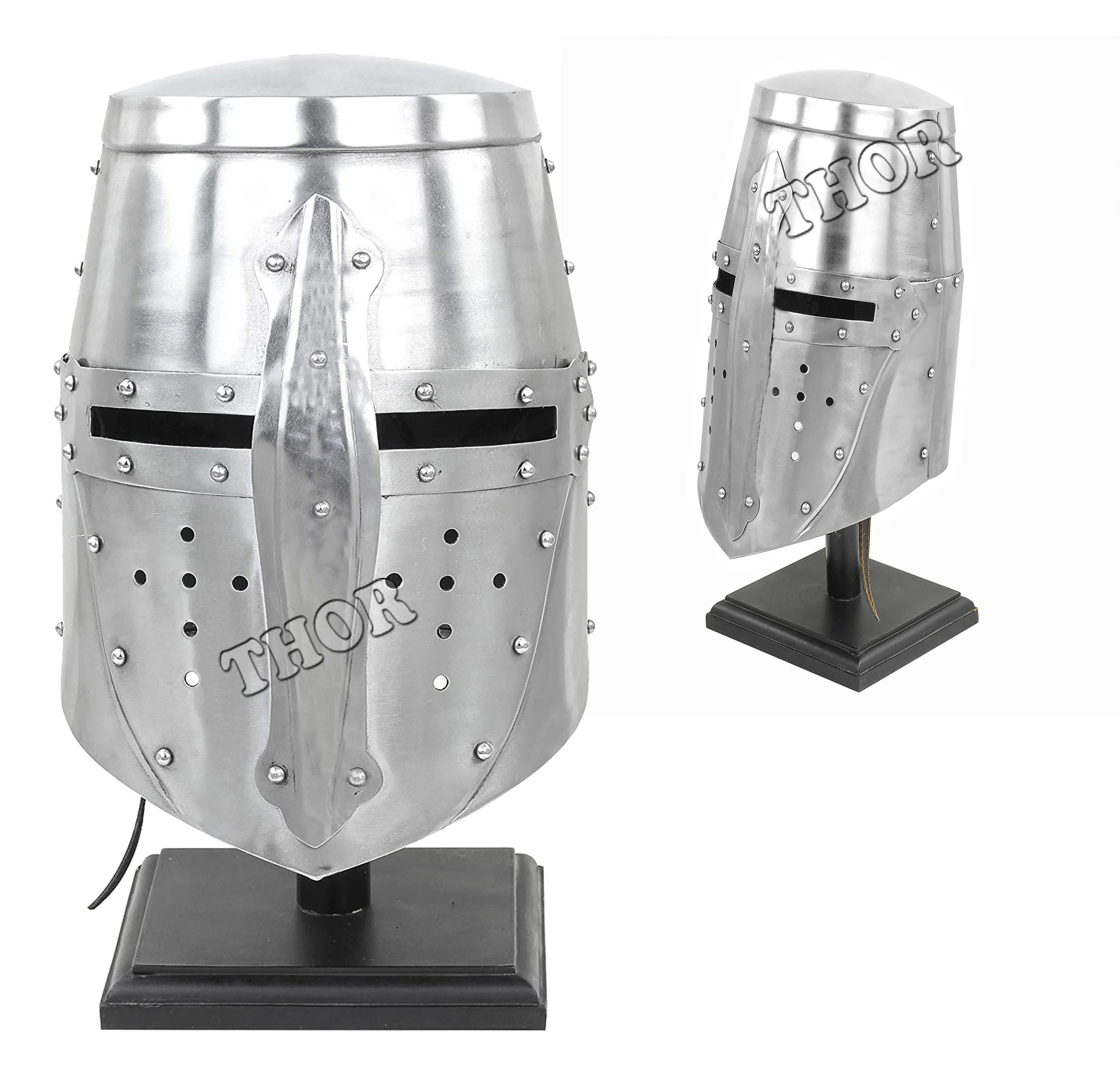  Средневековый Templar Crusader Knight Armor Helmet серебристый полированный с деревянной подставкой