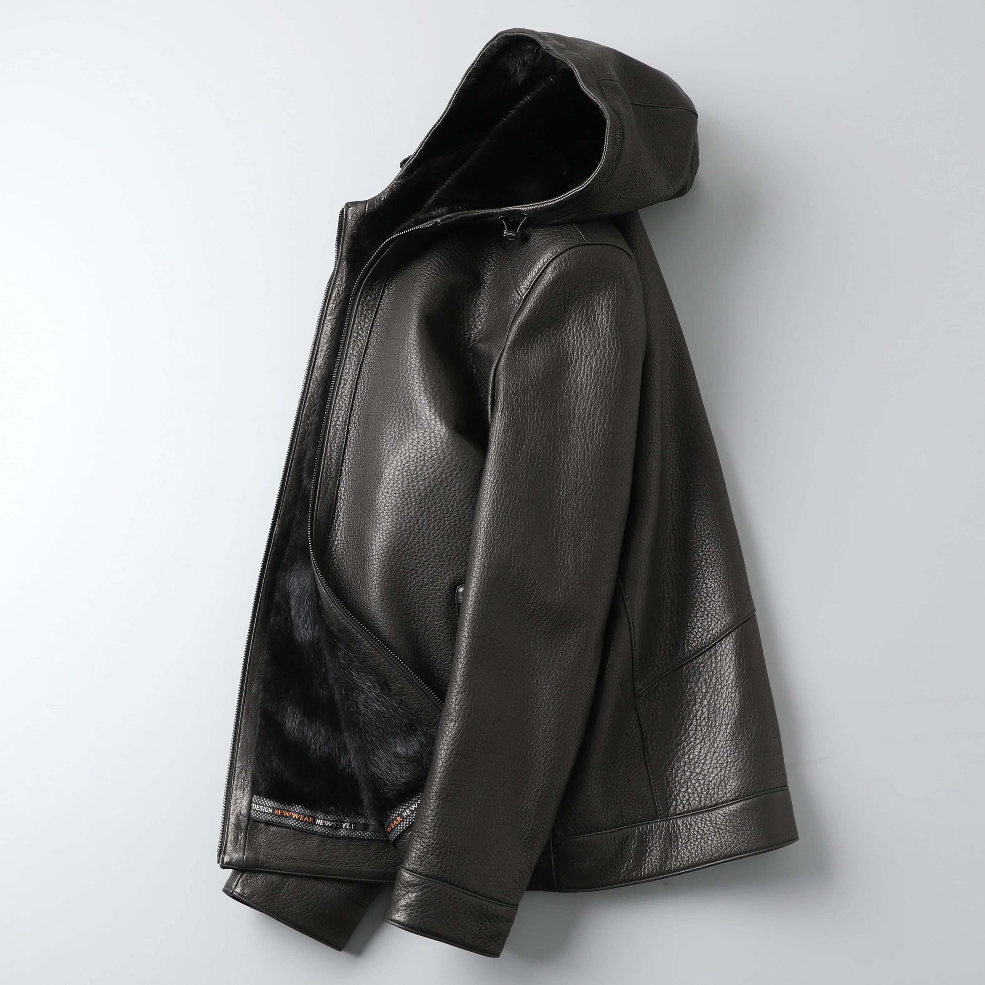 Мужская куртка из натуральной кожи пальто козьей шкуры и меха норки длинная Меховая с капюшоном теплые зимние черная кожаная