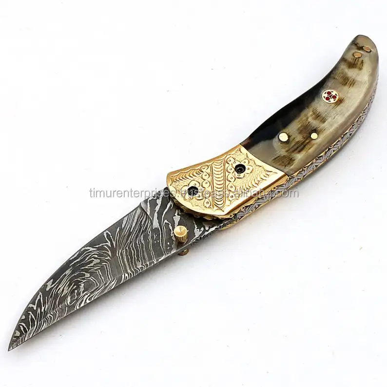 Best price damascus steel blade ram horn  handle hunting skinning knife folding blade knife pocket knife  F-003