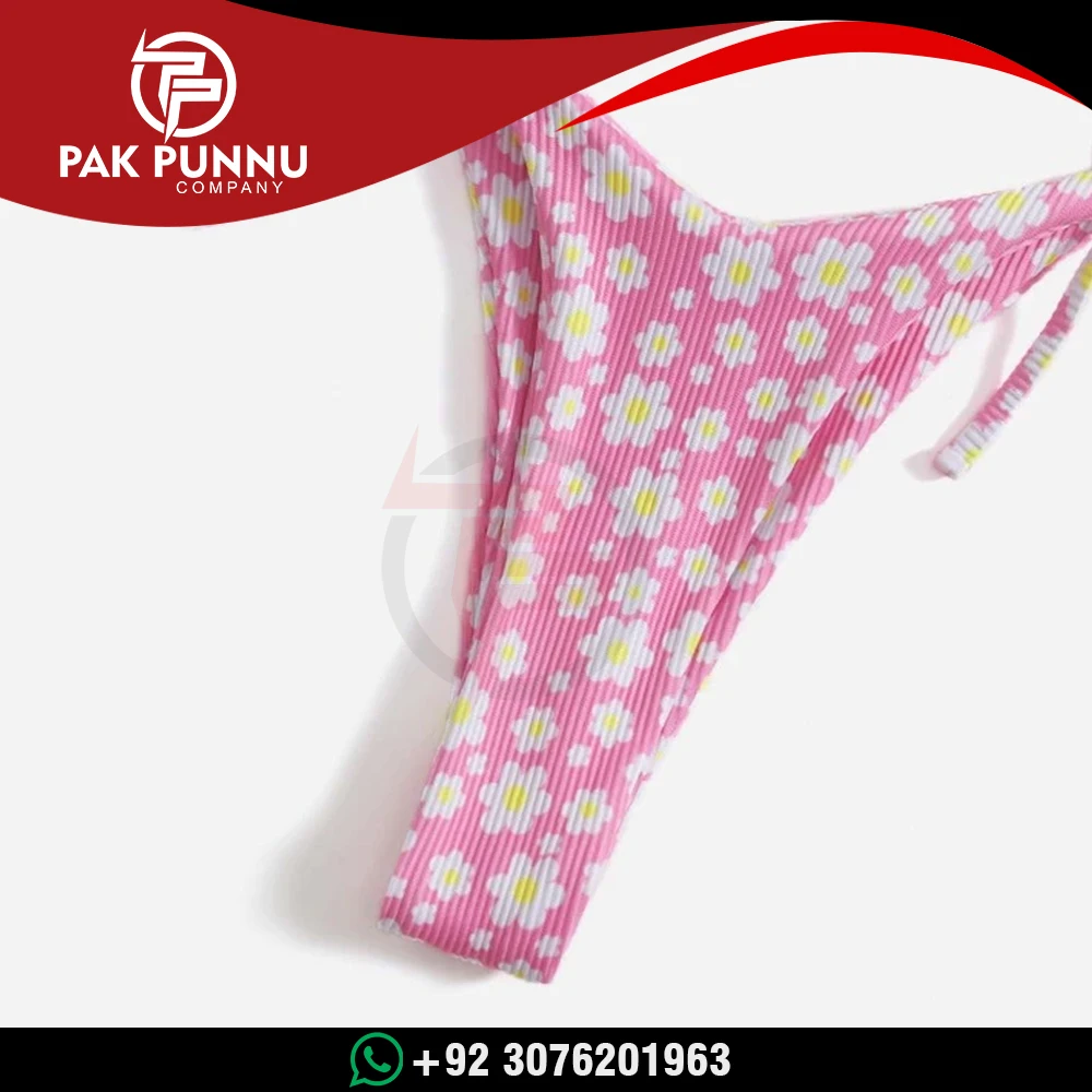 Ditsy Floral Halter Tie Side Bikini Swimsuit / Cute Pink Ditsy Floral Tie Side Thong Removable Padding Bikini Swimsuit For Women