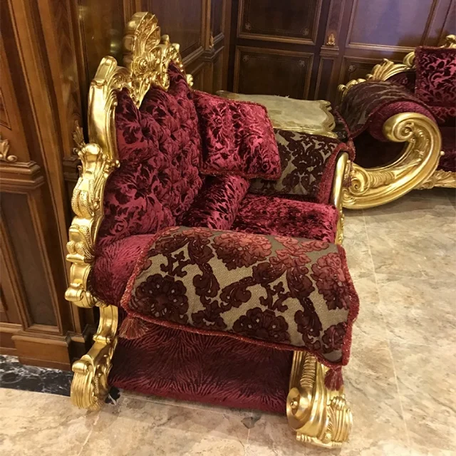 Red Gilded Grand Sofa, Baroque Style Milan Sofa Sets Large Sofa, Velvet Luxurious Royal Gilded Gold Leaf 24K Living Room Sofa
