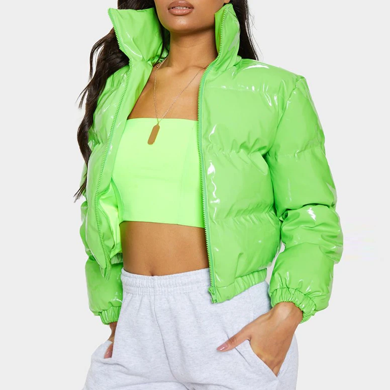 Neon Green Shiny Cropped Long Sleeve Women Bubble Winter Coat Puffer Jacket