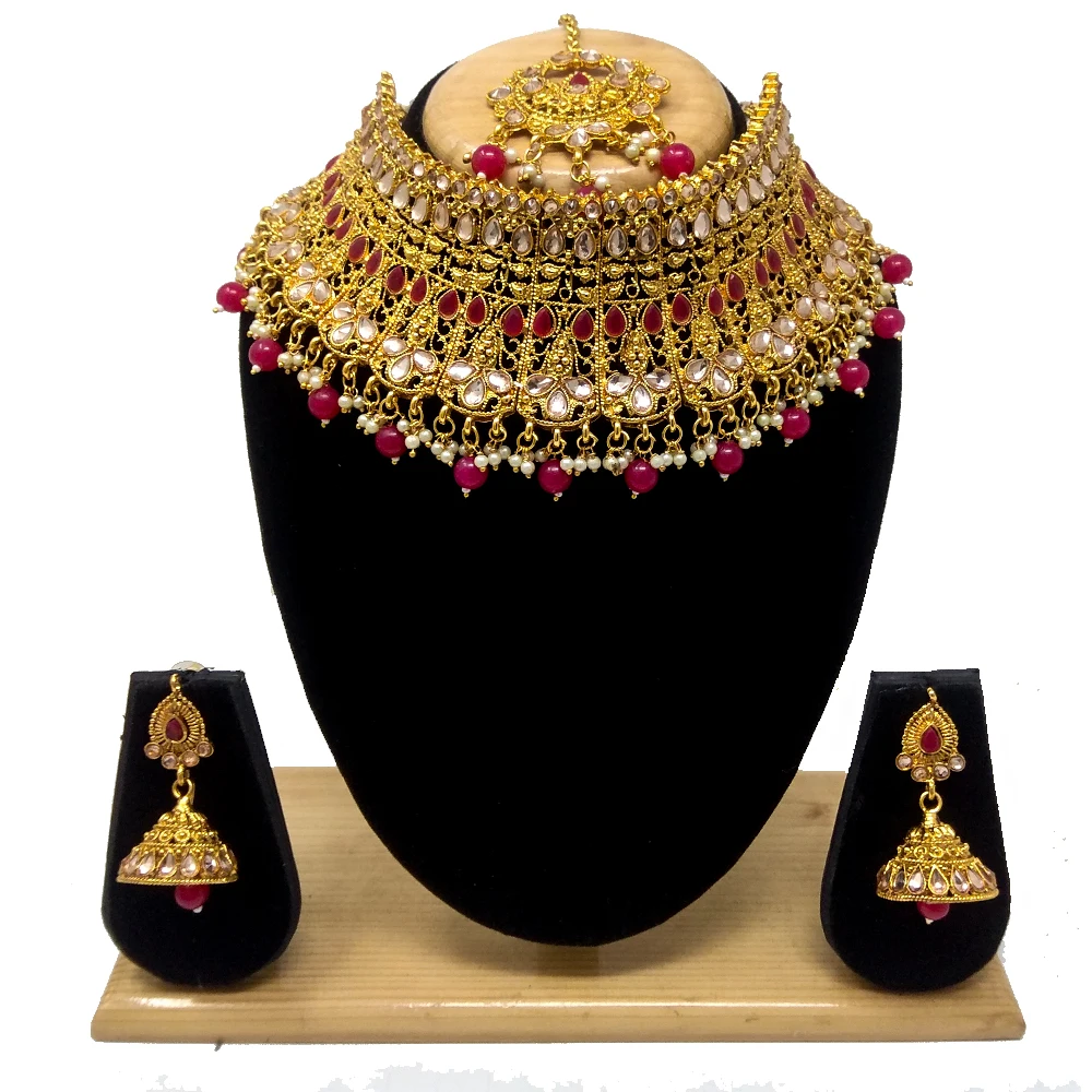 Latest Kundan choker gold plated Necklace Set for Women (Pink&White)