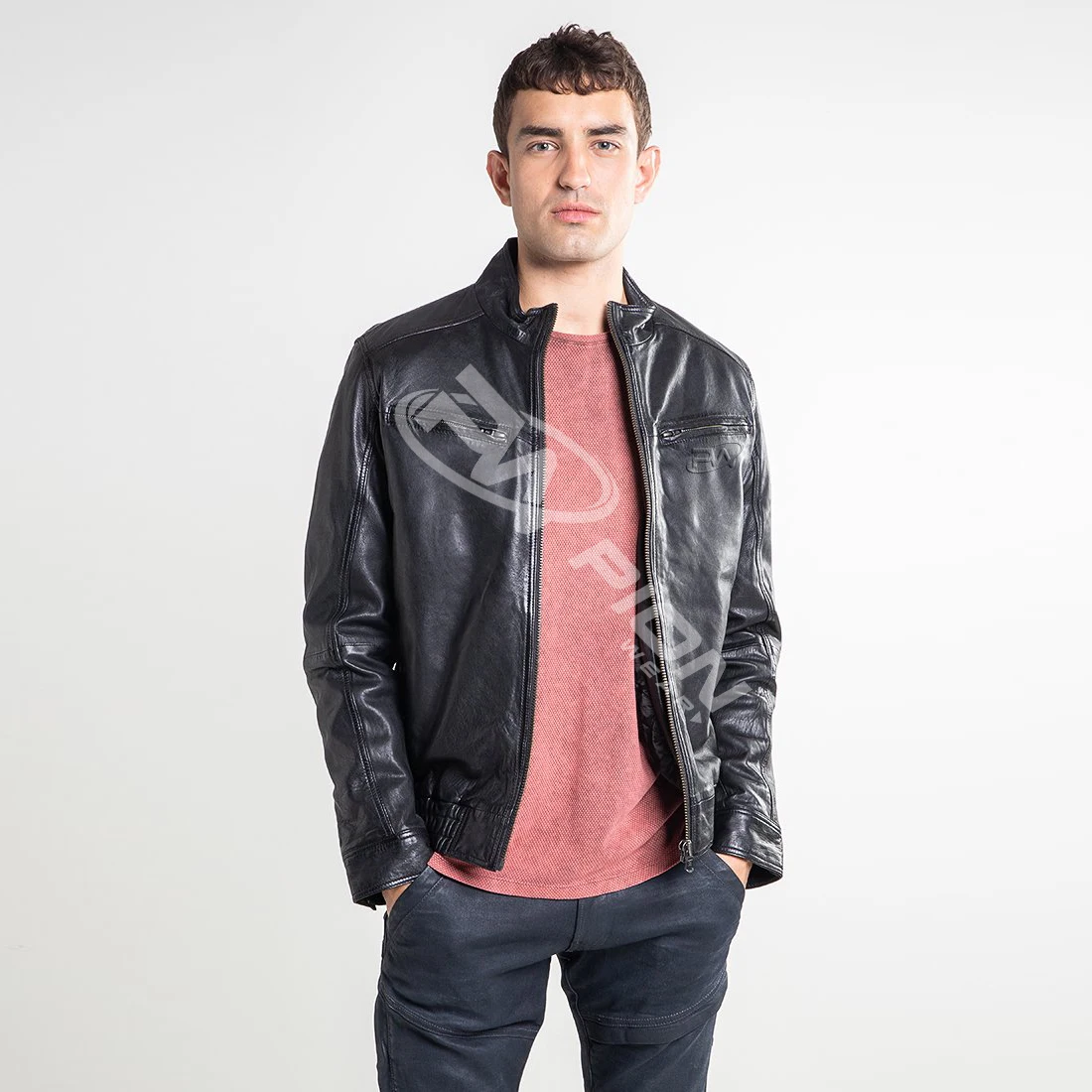 
Casual Stand Collar Zip UP Mens Leather Jacket For Biker Distressed Genuine Top Quality Material sheepskin Leather Jacket & coat 