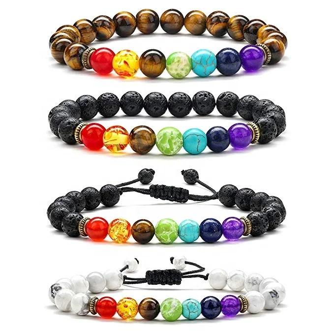 Wholesales 7 Chakra Tiger Eye Stone Bracelet Natural Gemstone Yoga Prayer Beaded Bracelet