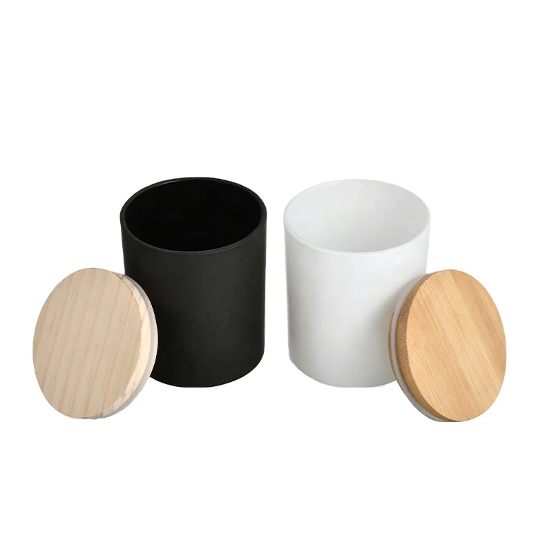 Factory wholesale black White Matte frosted glass candle jar With Wooden Lid/Glass candle container