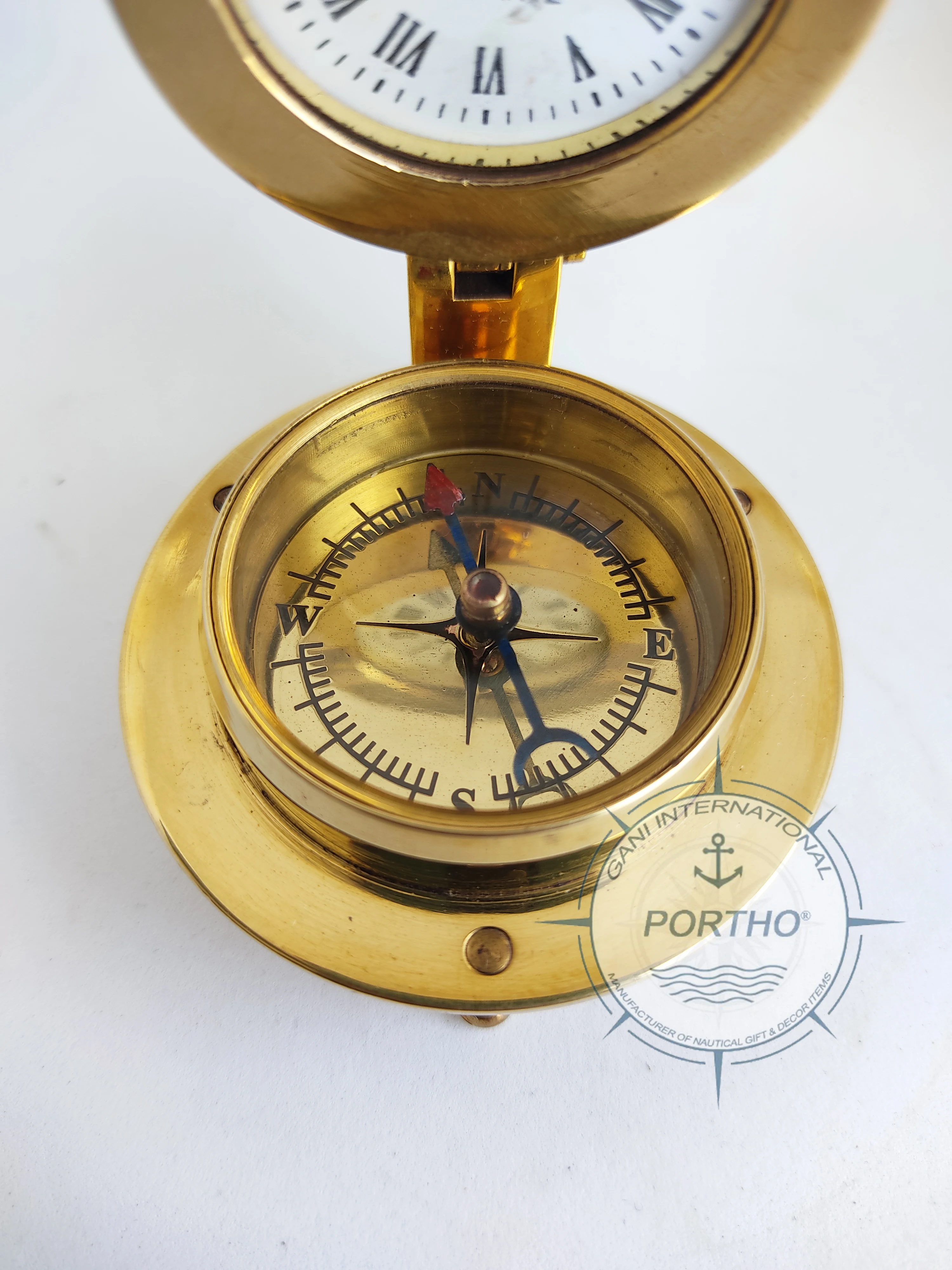 Vintage Brass Roman Numeral Desk Clock With Marine Compass Nautical Maritime Table Top Decor