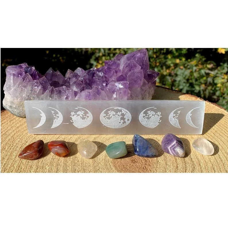 8 Inch Selenite Engraved Lunar Moon Phases 7 Chakra Wand Gemstone Gift Set Quartz Crystal Worldwide Folk Art Pyramids IN;7903232