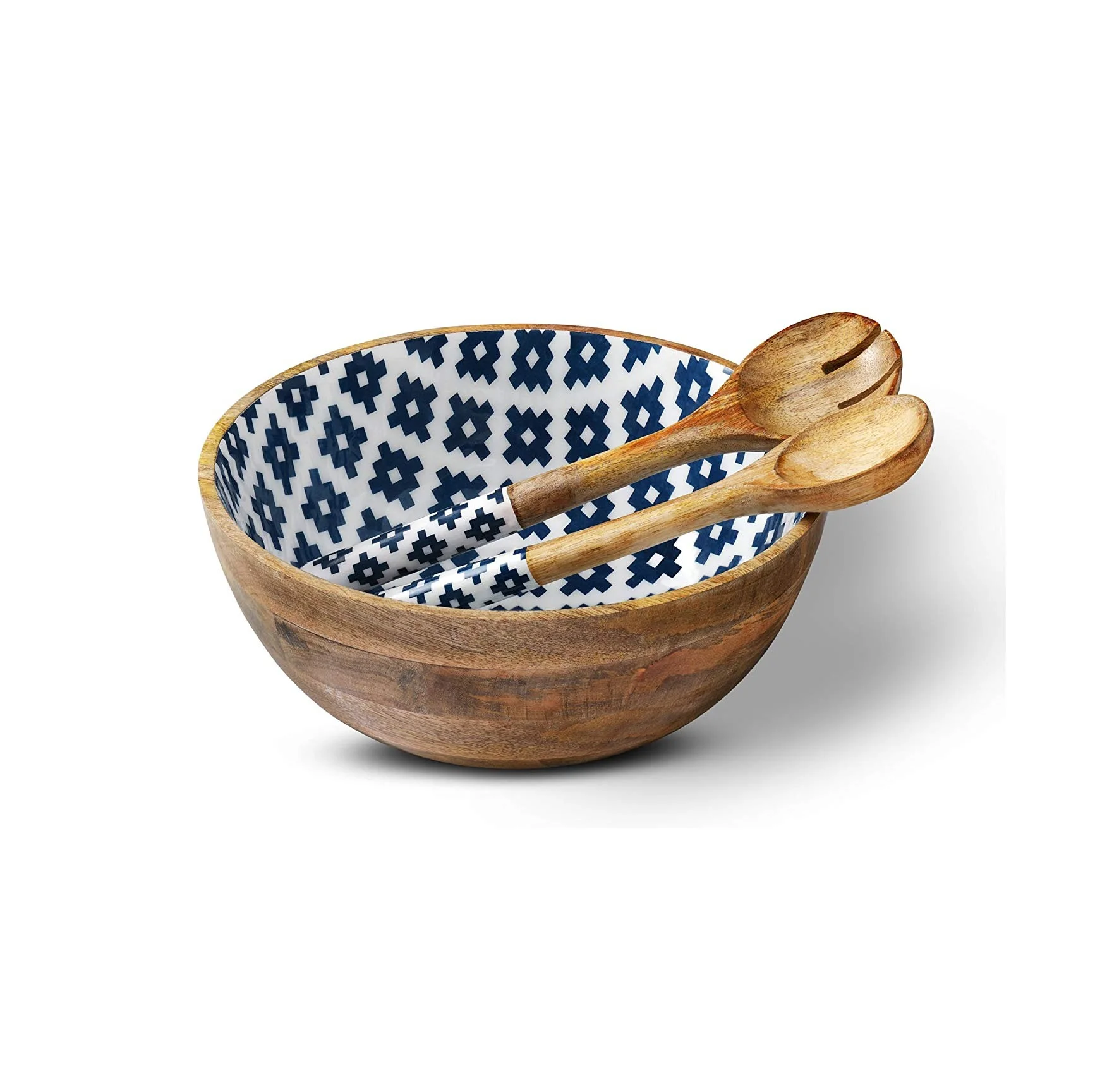 High Quality White Enamel Mango Wood Round Salad Bowls for Table Decoration & Kitchen Use