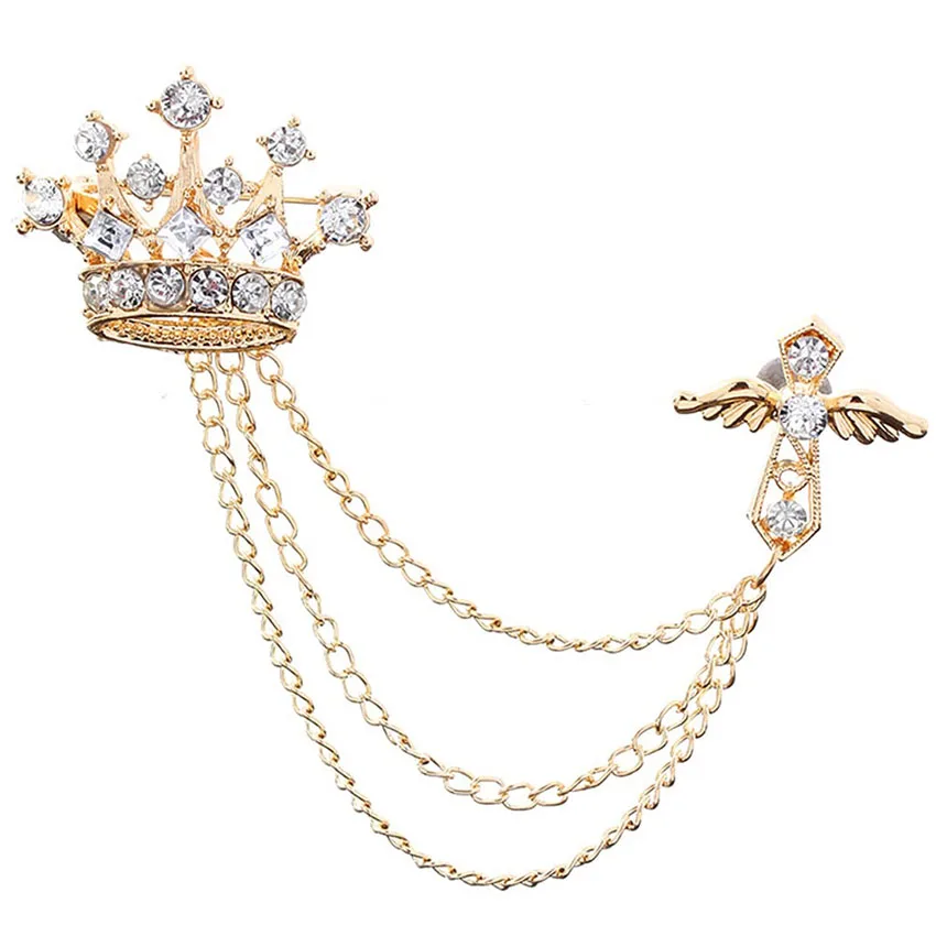 Wholesale fashion crown men gold suit brooch lapel pin with chain
