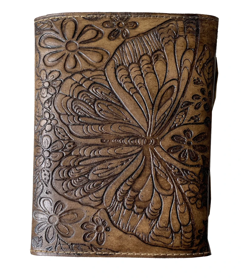 Handmade Leather Journal Vintage Butterfly Flower Embossed Deckle Edge Paper Writing Diary Office Notebook Handbook Sketchbook
