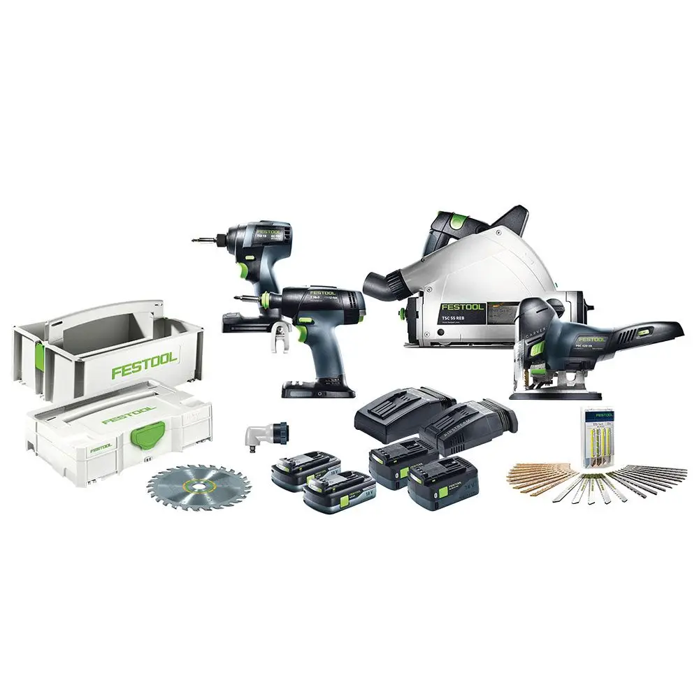 Complete New 18V Festool 205604 TID 18 T 18 TSC 55 PSC 420 Cordless Pro Finish Pack 4-Tool Combo Kit with 5.2 Ah Batteries