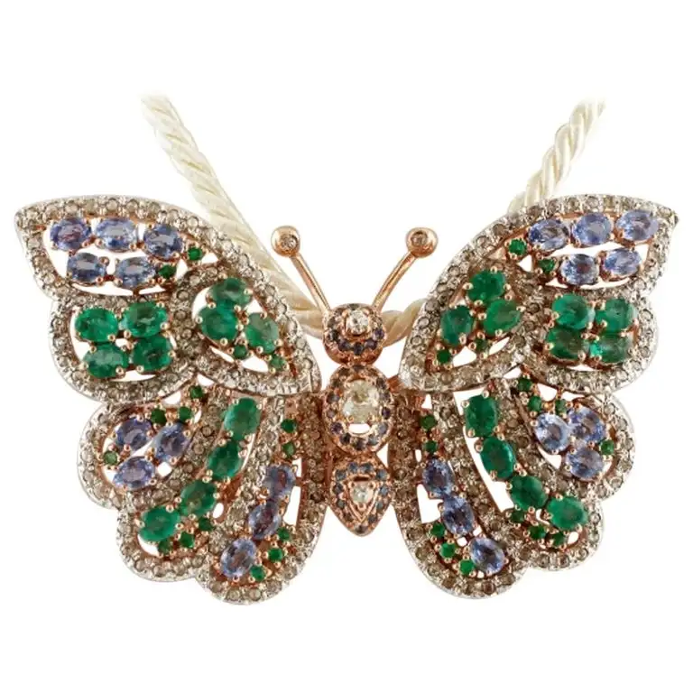 
Diamonds, Emeralds, Sapphires, Rose Gold and Silver Butterfly Brooch 