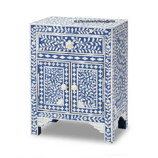 Quality Handicrafts Bone Inlay Bedside  Floral Two Drawer Bedside Bone Inlay nightstand Blue End Table Living room Furniture