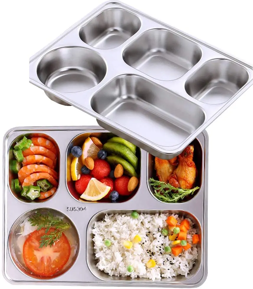Canteen 5 compartment divided stainless steel mess lunch dinner snack plate fast food tray
