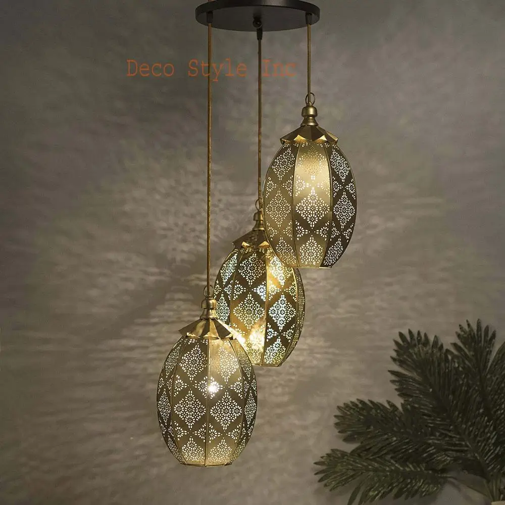 3 Lights Round Antique Brass Finish Oval Moroccan Hanging Pendant Light Moroccan pendant lamps