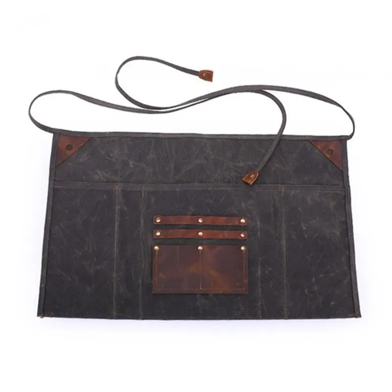 Professional Use Navy Blue Waxed Canvas Apron Half Waist With Leather Pocket Restaurant Chef Beauty Saloon