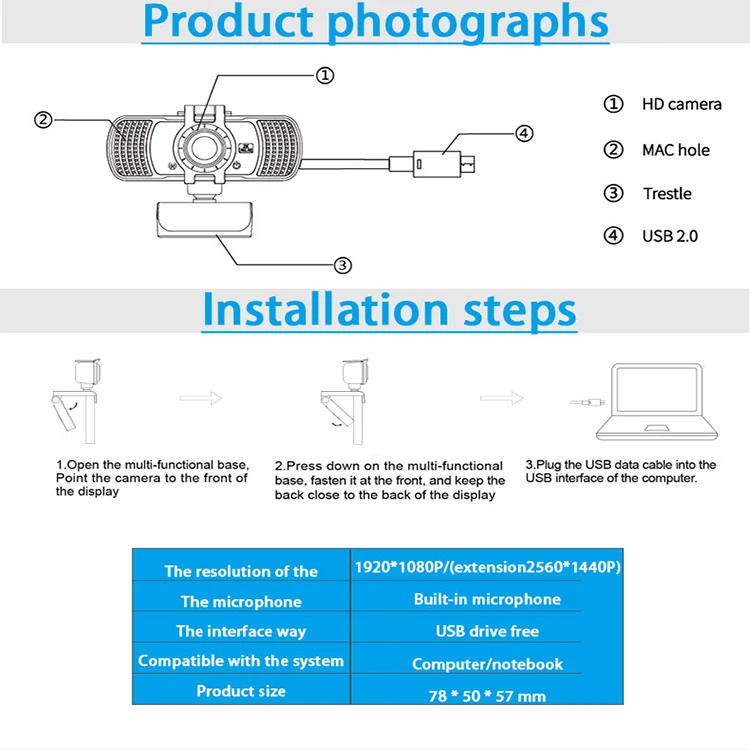  Full HD 2K Webcam Built-in Stereo Microphone clear Cutput Pc