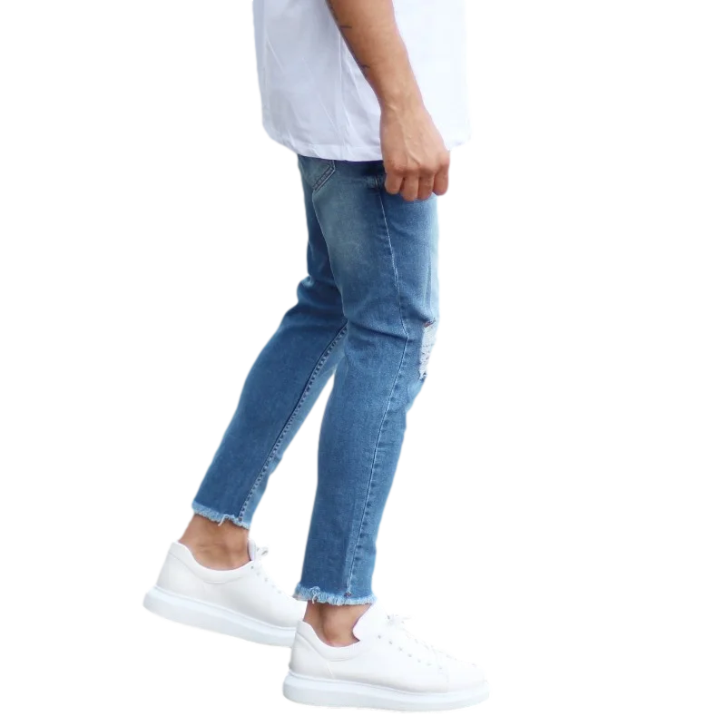 Casual 100% Cotton Men Skinny Jeans with Heavy Rips in Blue Man New Style High Quality Wholesale Offer Trend 2022