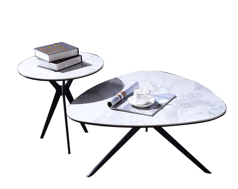 Contemporary Living Room Modern Light Gray Black Metal Fixed Top Table Marble Coffee Table