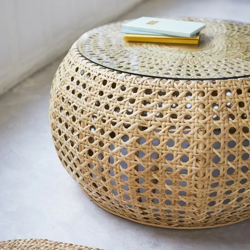 Webbing Rattan Coffee Table with Glass Top