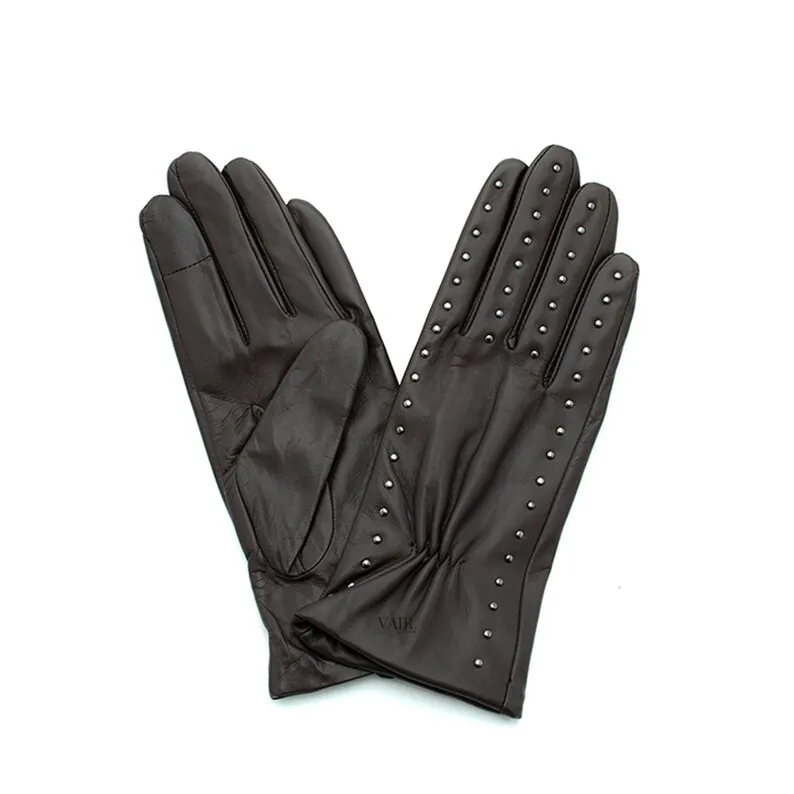 Studded ladies silk lined leather gauntlets