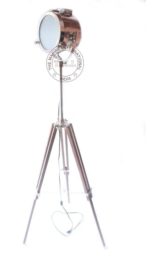 Authentic Look Floor Spotlight with Adjustable Tripod Stand ~ Nautical Chrome Searchlight with Tripod Wooden Stand