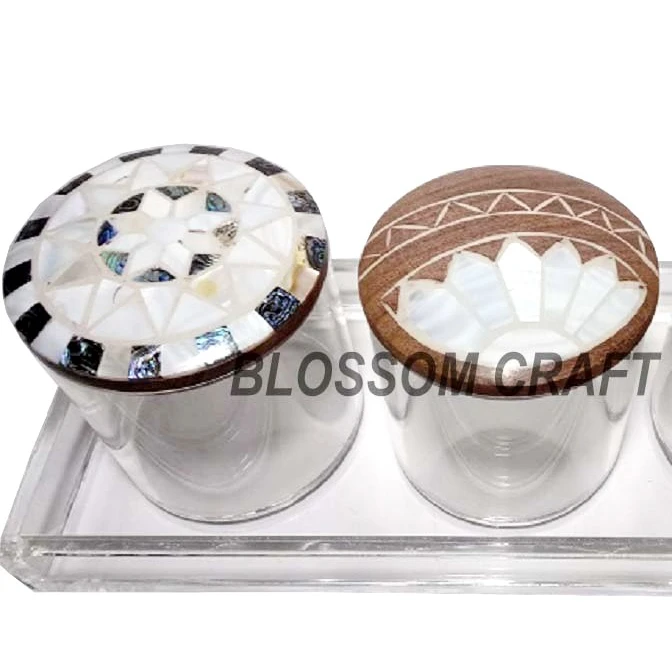 Luxurious Acrylic Jar with Mother of Pearl inlay Bone inlay Wooden Lid Multipurpose Container Boxes
