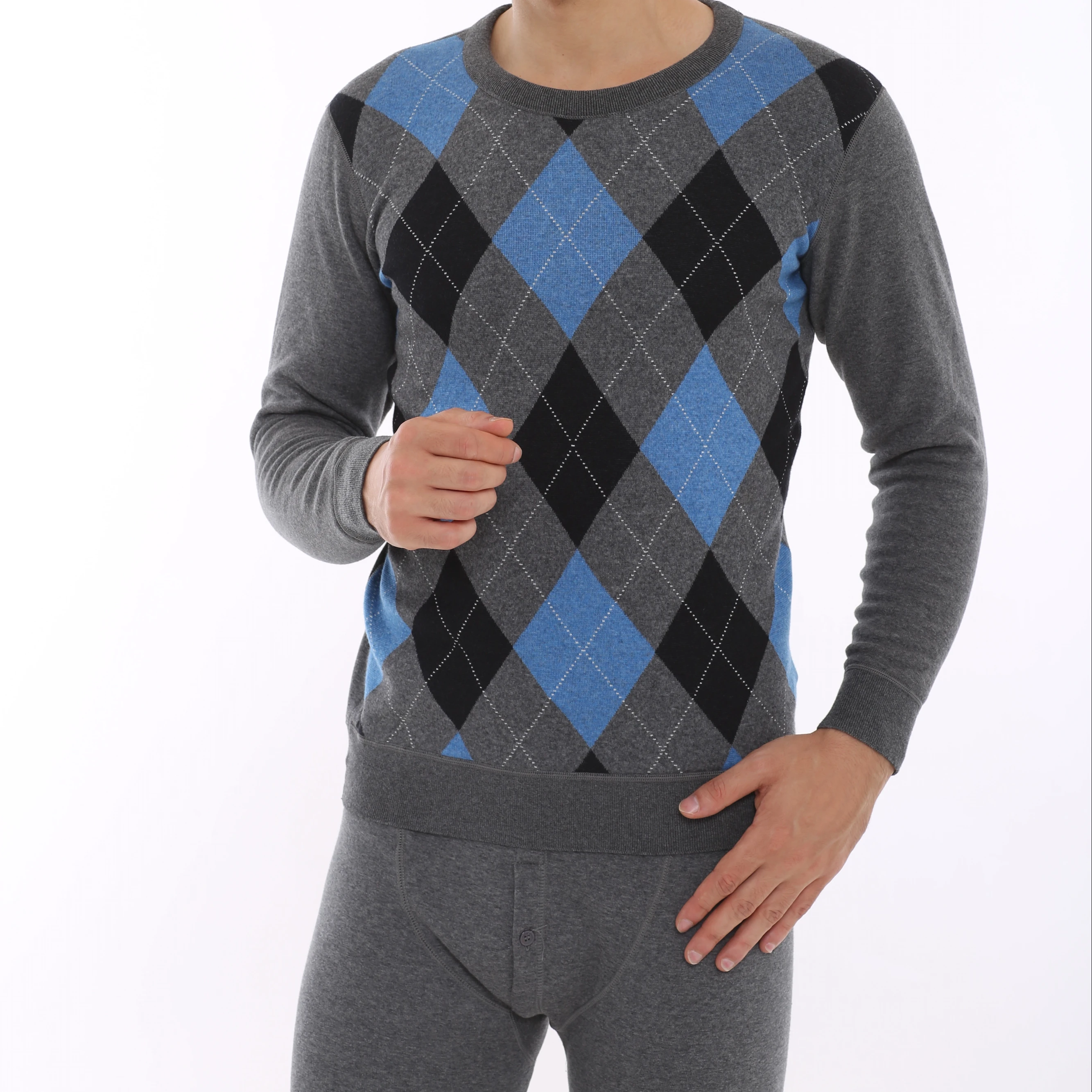 
Scotland Style Fleece Long Sleeve Shirts Underwear Set Lingerie Set Men Cotton & Spandex Flaur Pattern Plaid Gray 