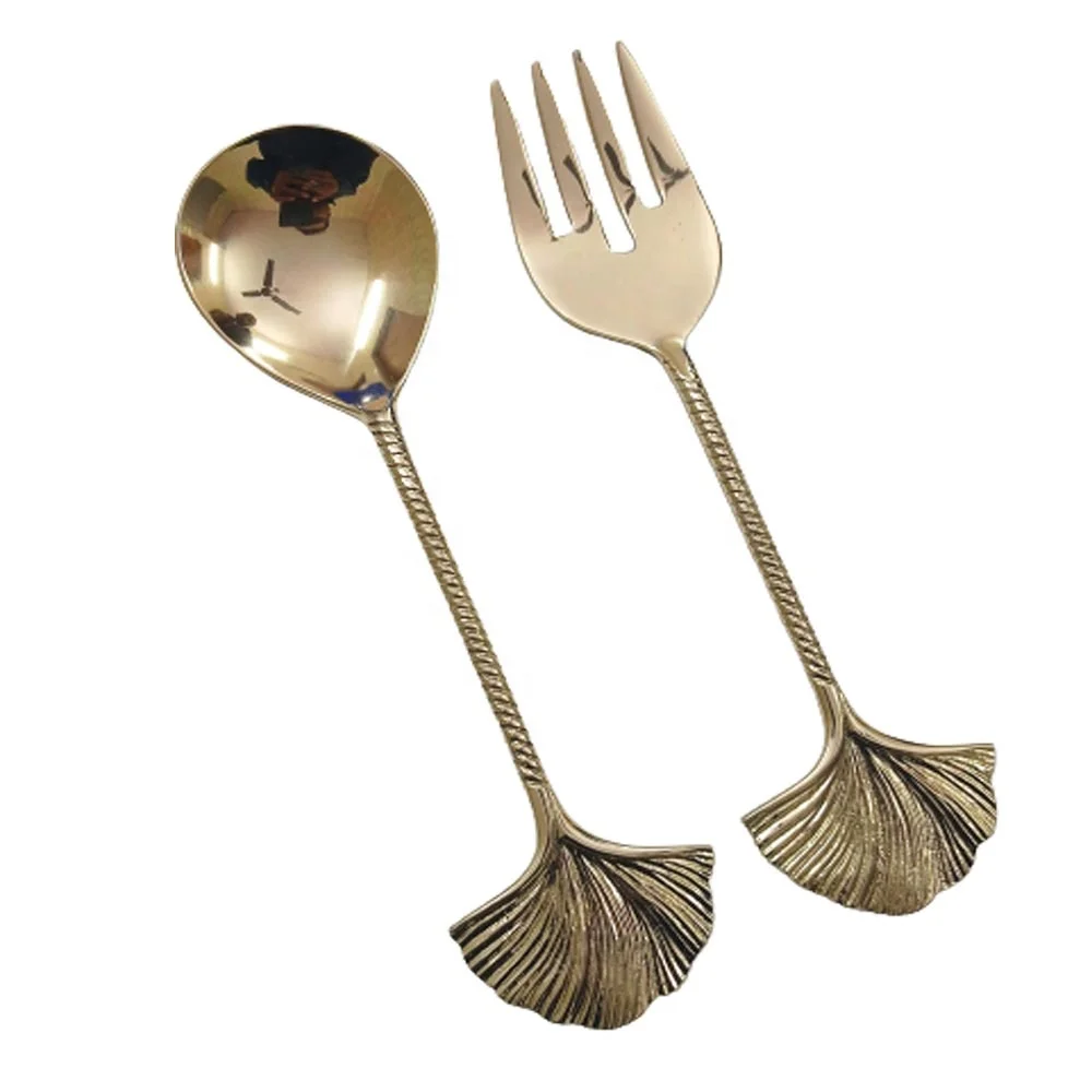Stainless Steel Salad Server With Brass Embossed Ribbed Handle Palm Tree Design Western Stainless Steel Salad Server Style Bras