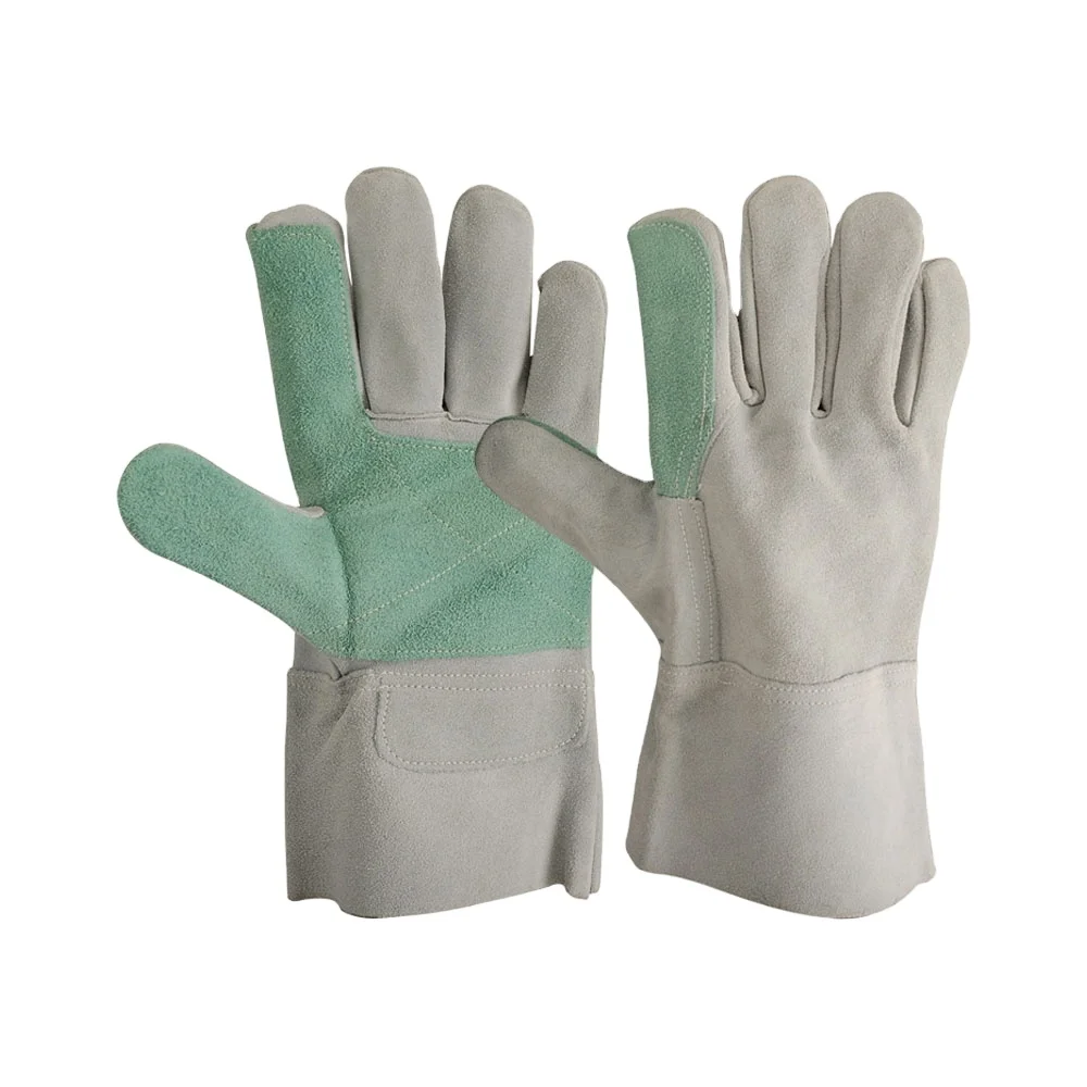 Leather Welding Gloves, Reinforcement on palm, Finger & Thumb with Green Cow Split Leather