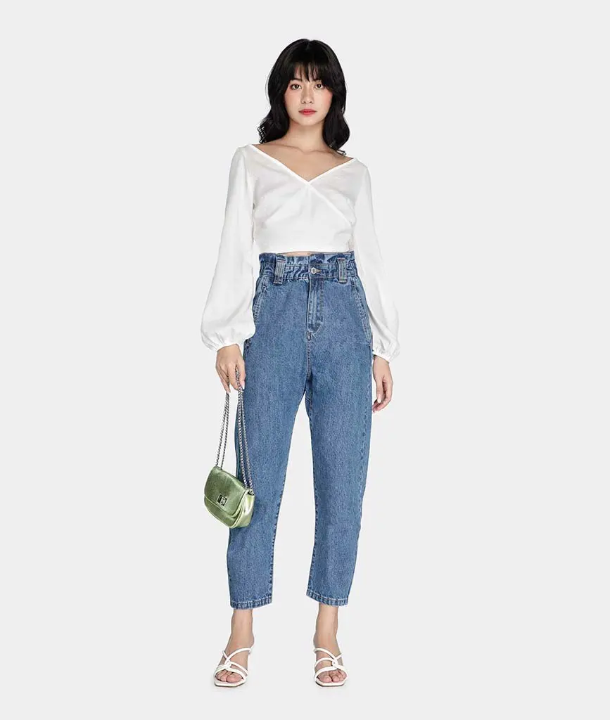 Женская рубашка с длинным рукавом однотонный тканый короткий топ глубоким V-образным вырезом