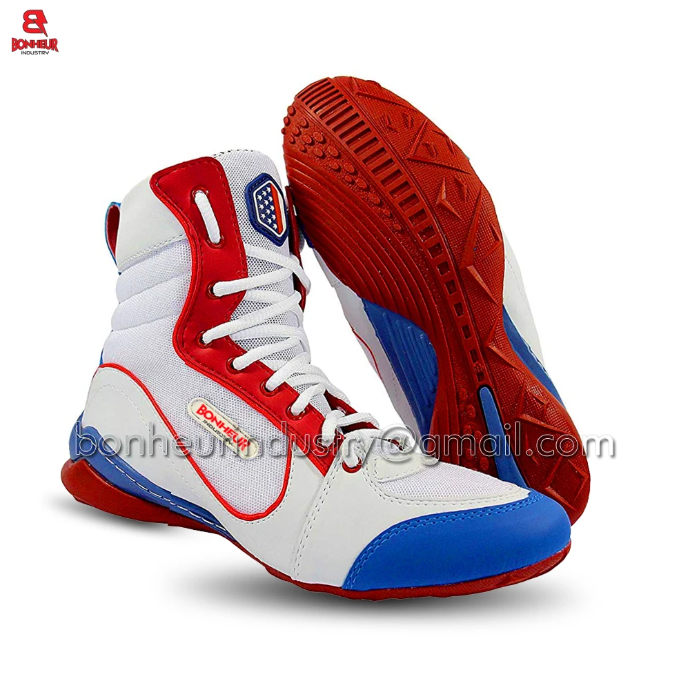 
High quality leather Boxing Shoe for Men White Red and Blue 