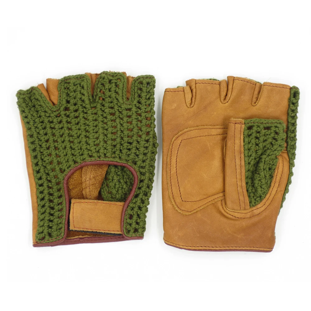 Best design brown leather, white crochet breathable  cycling gloves