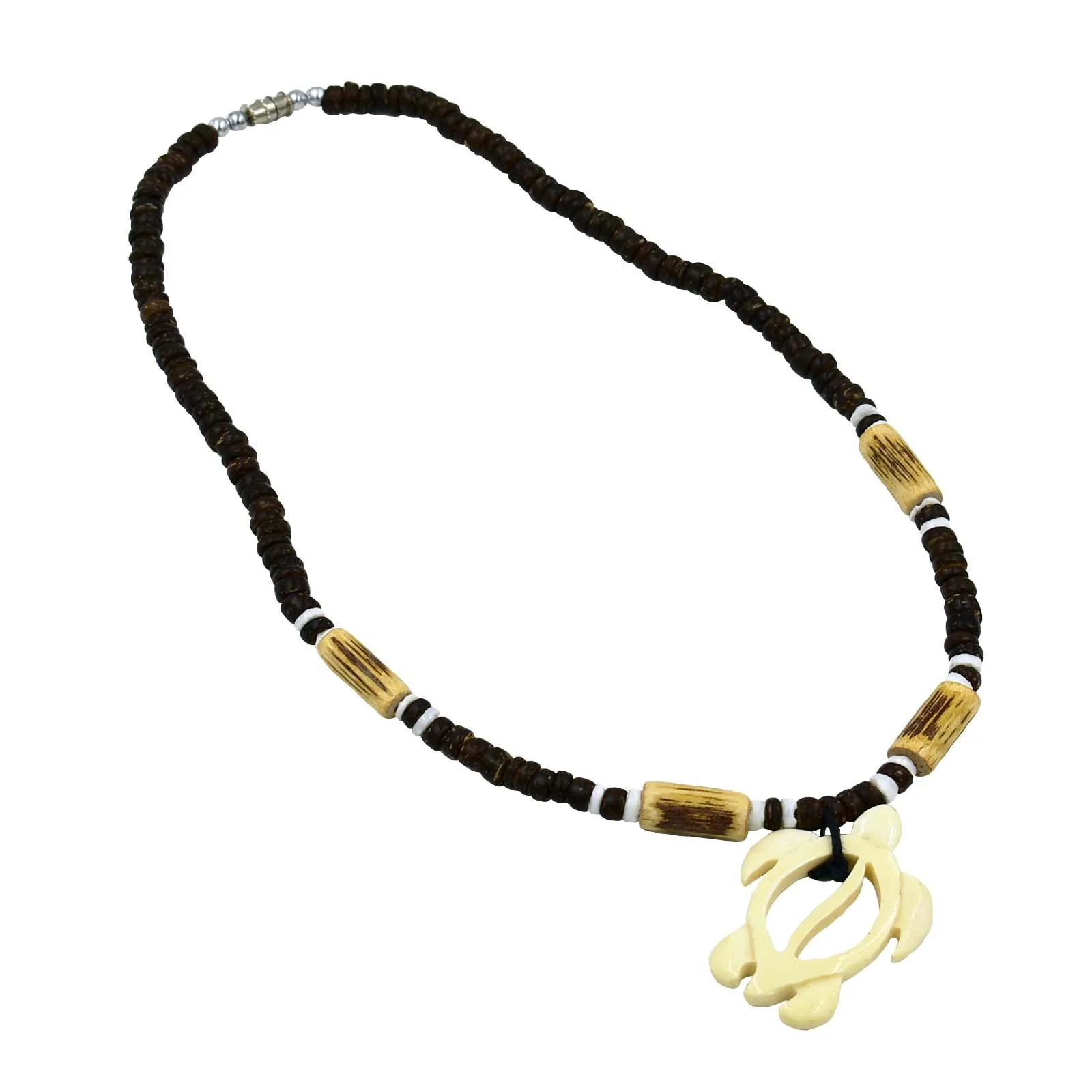 Coconut Beads Surfer Inspired Necklace Natural White Puka Shell Necklace With Handmade Bone Turtle Pendant