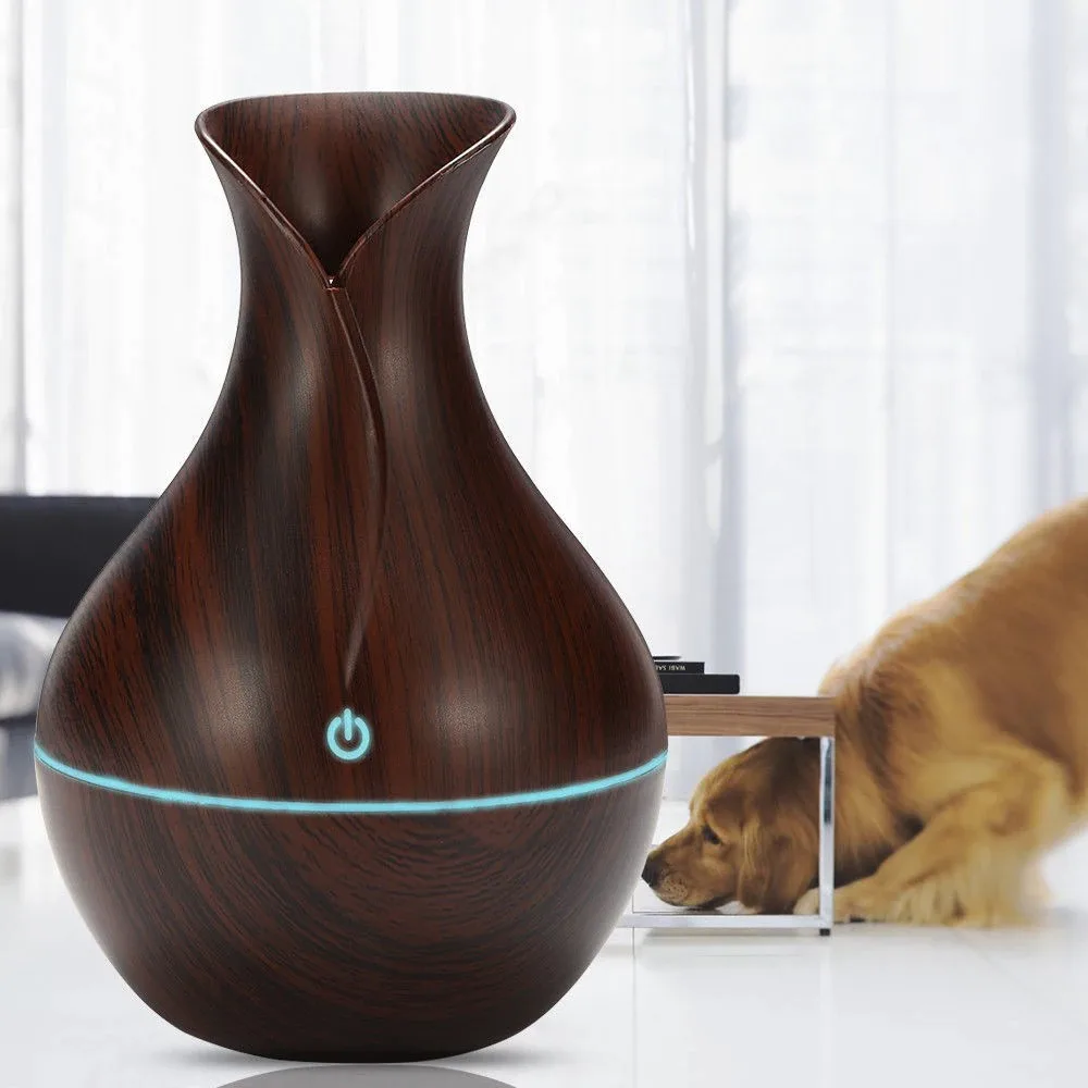 Essential Oil Diffuser with LED Night Light Ultrasonic Aromatherapy Humidifier Vase Shape Wood Grain Appearance