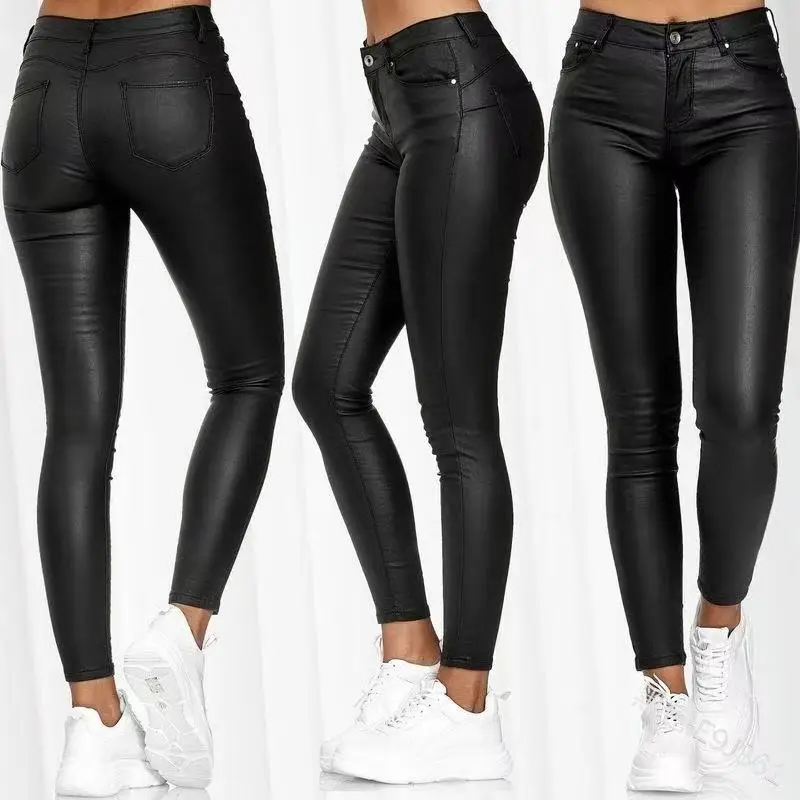 Fashion Ladies Stretch Tight PU Leather Pants Gothic Black Slim Trousers