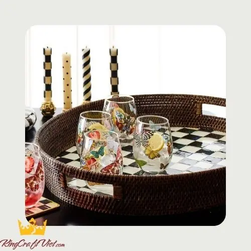 Handwoven Round Caro Ceramic Rattan Tray Serving Tray Food Basket Kitchen Decor Made by Vietnamese FBA Amazon
