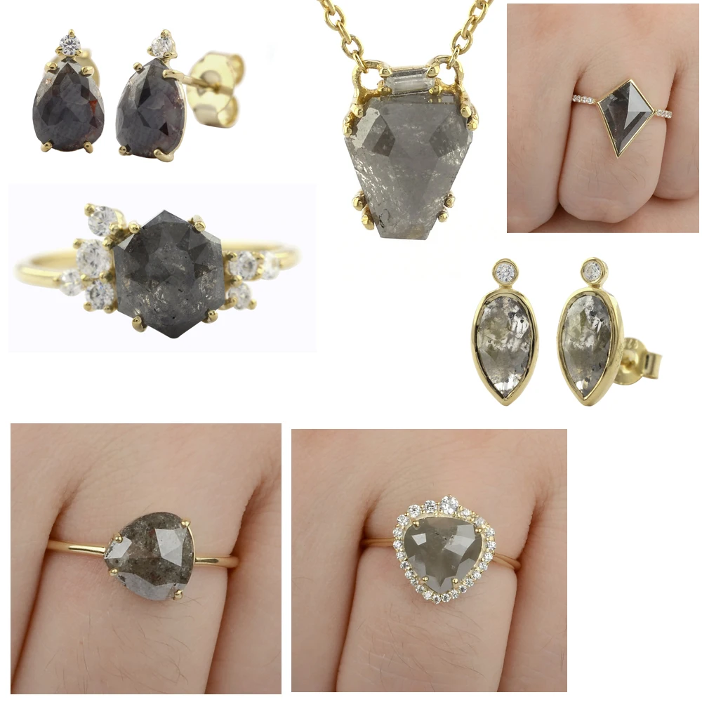 Solid 14K Yellow Gold Salt and Pepper Rough Diamond Jewelry Stud Earrings Pendant Necklace, Ring Jewelry Collection