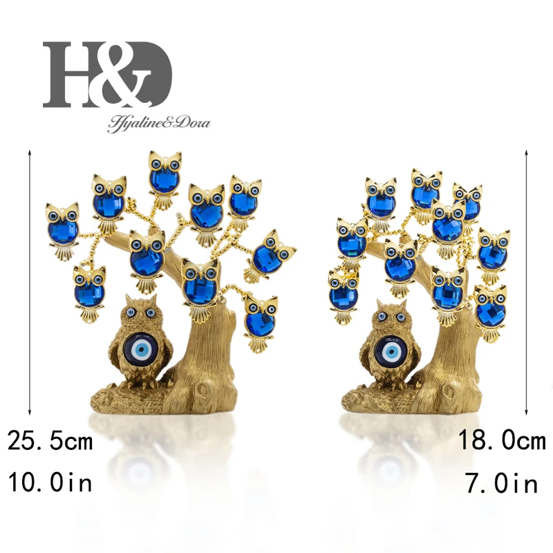 H&D Turkish Blue Evil Eye Owl Figurines Gold Lucky Tree of Life Statue Home Decor Ornaments