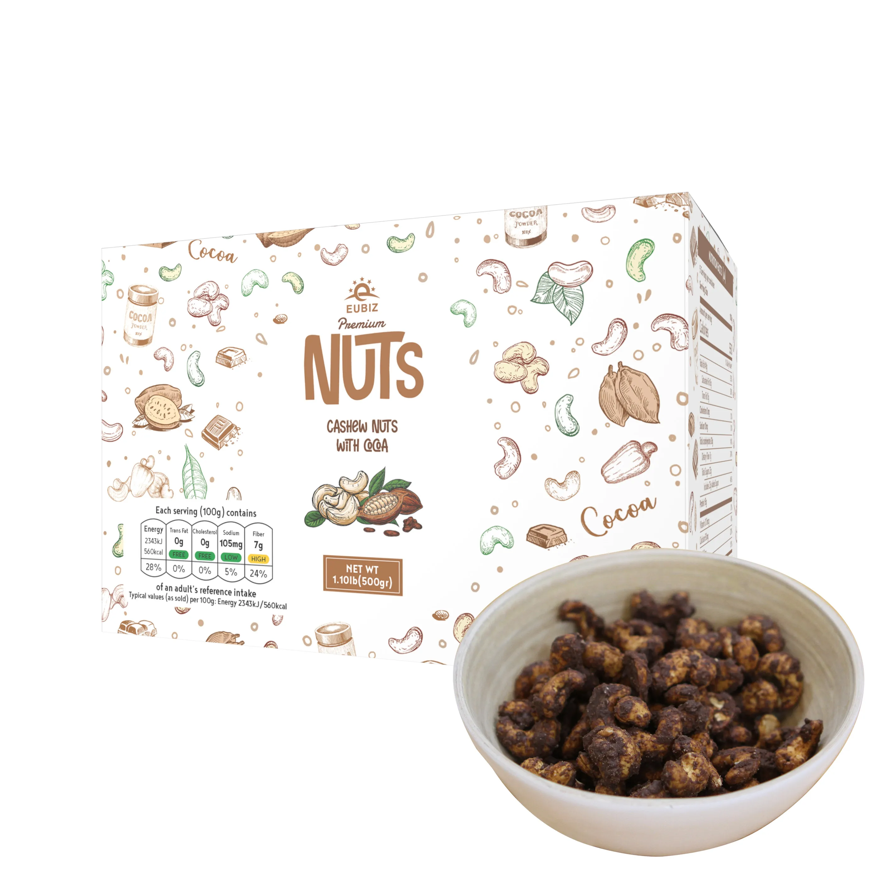 EUBIZ - Cashew nuts - Flavor: Cocao- Box (Plastic) 500g (17.7 Oz) - Made in VietNam - low carb snacks