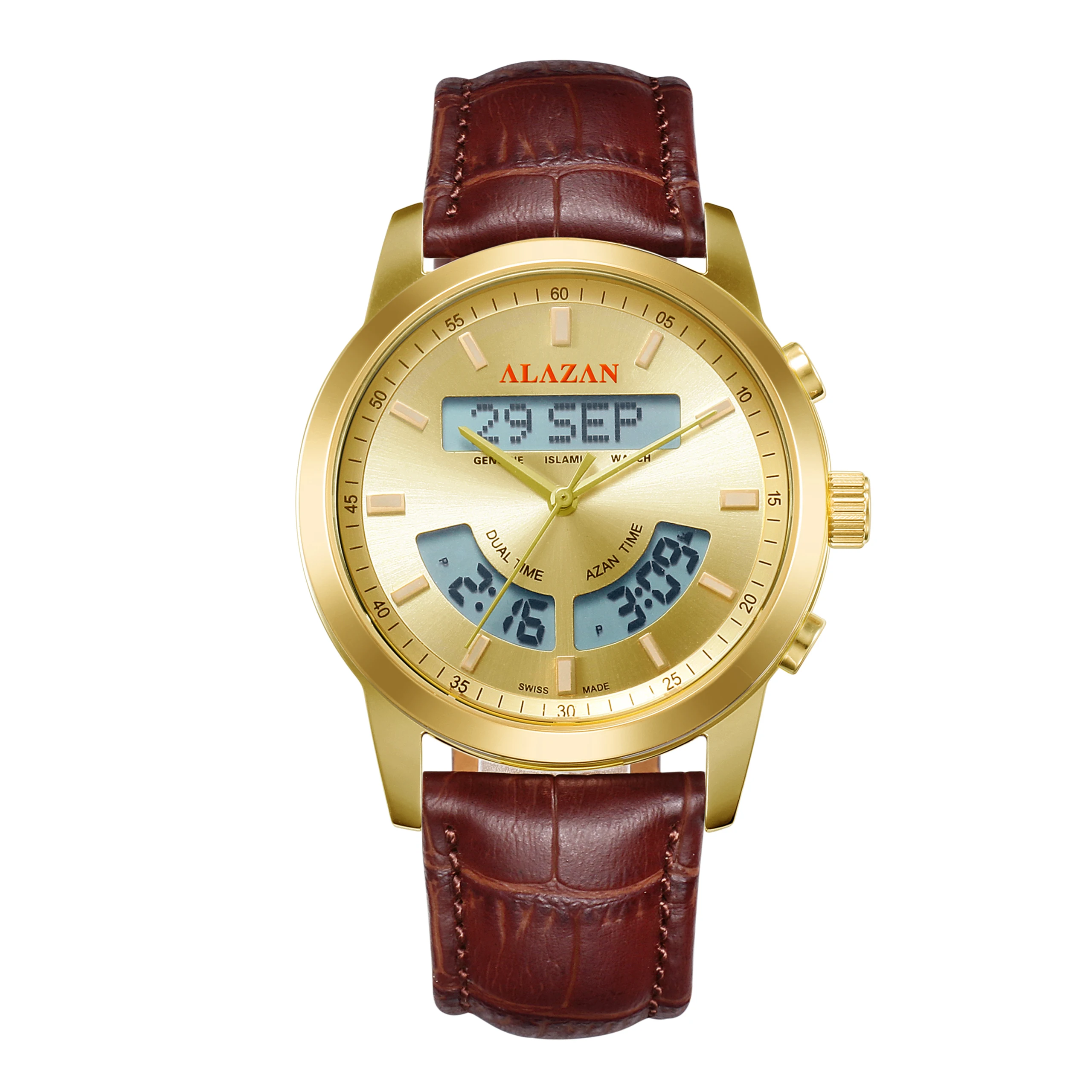 alazan Islamic alasr muslim azan alfajr summon Stainless steel prayer  qibla compass waterproof  clock watch factory wholesaler