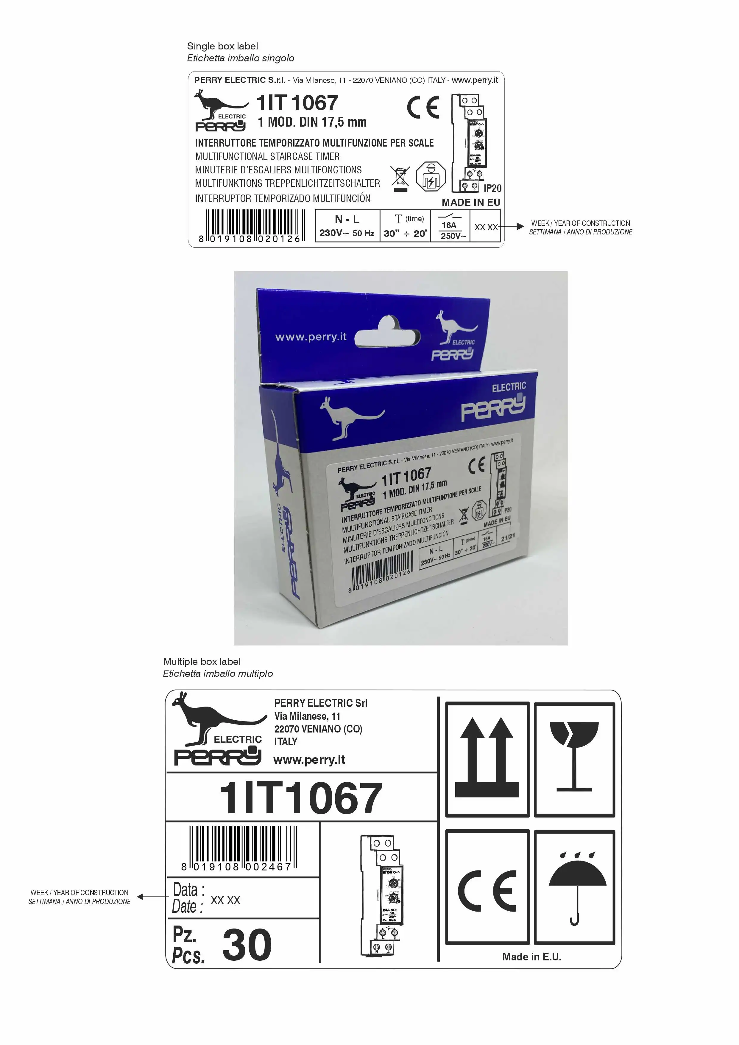 ITALIAN MULTIFUNCION STAIRCASE TIMER 1 DIN PERRY ELECTRIC